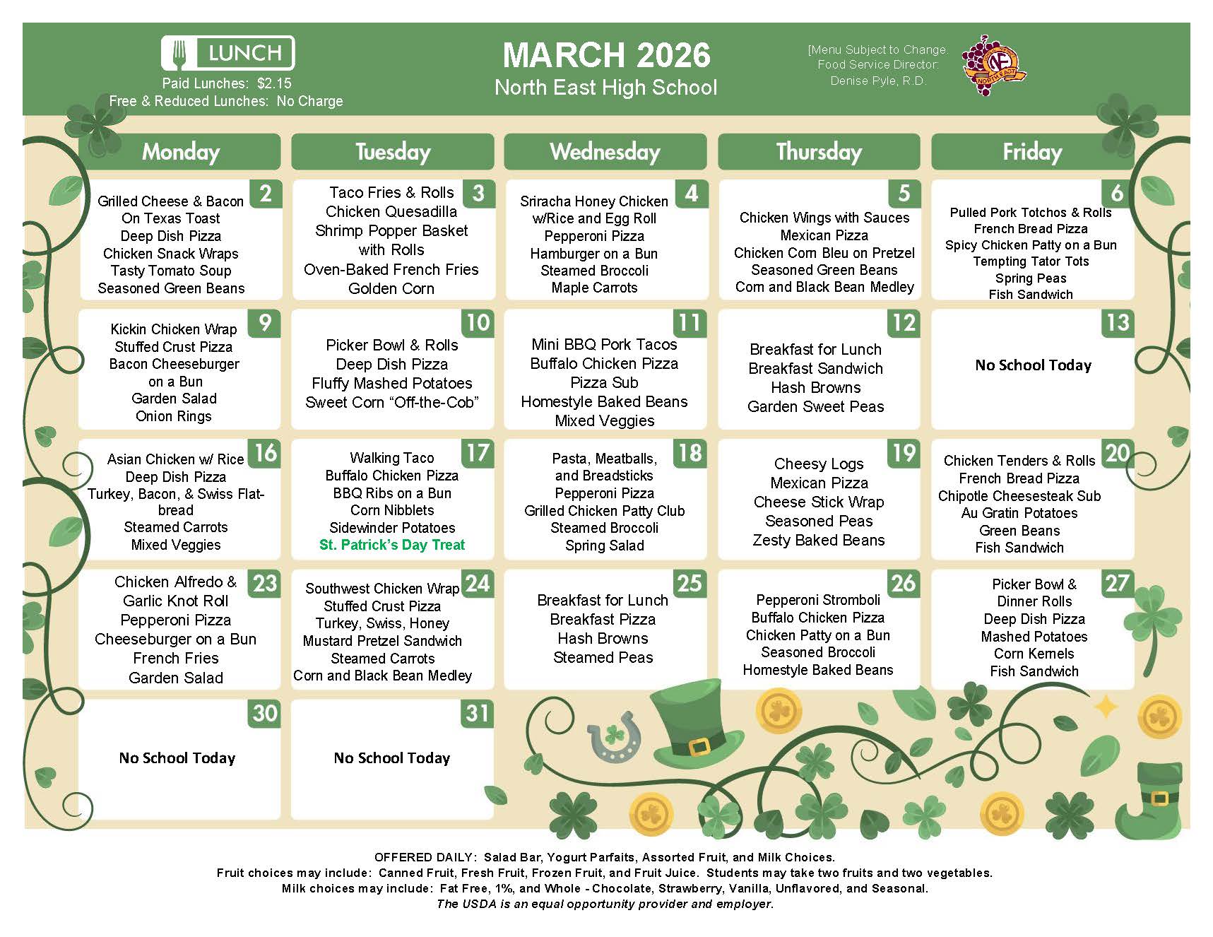 NEHS March Lunch Menu